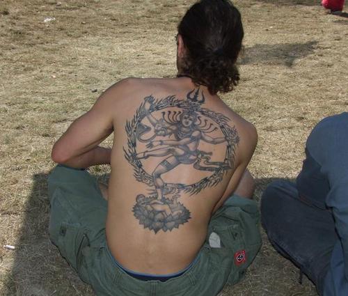 Black And Grey Nataraja Hinduism Tattoo On Man Full Back