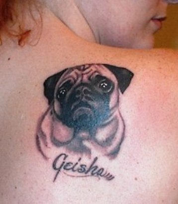 Black And Grey Pug Face Tattoo On Right Back Shoulder