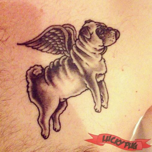 Black And Grey Pug With Flying Wings Tattoo Design
