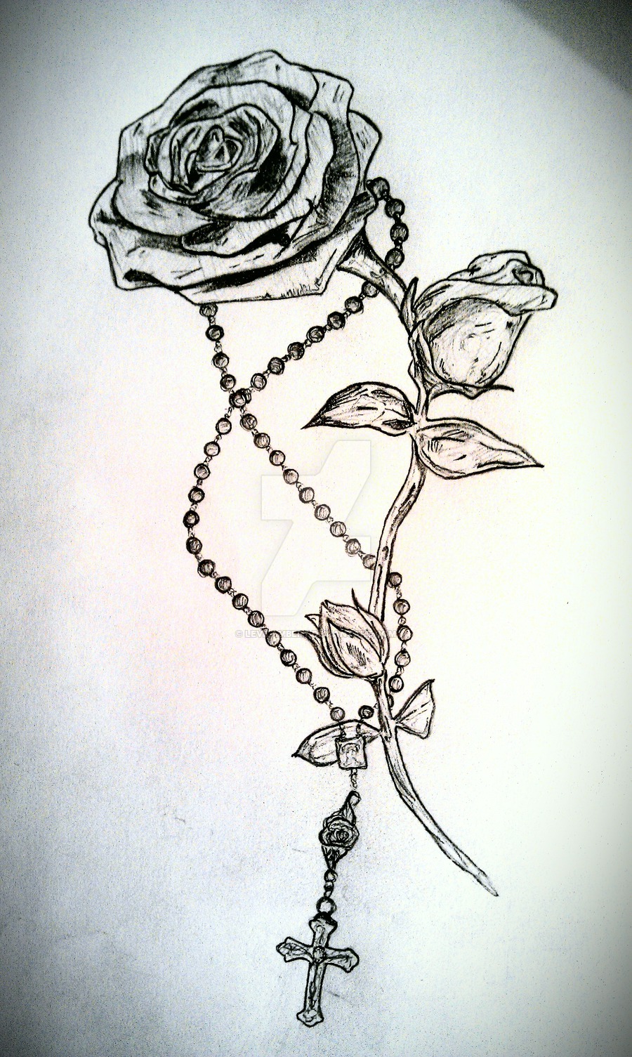 Black And Grey Rose With Rosary Cross Tattoo Design By.