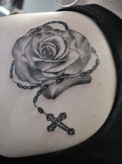 Black And Grey Rose With Rosary Cross Tattoo On Left Back Shoulder