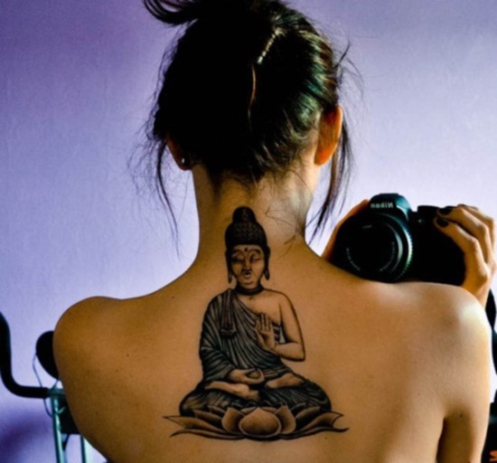 Black Buddha On Lotus Tattoo On Girl Upper Back