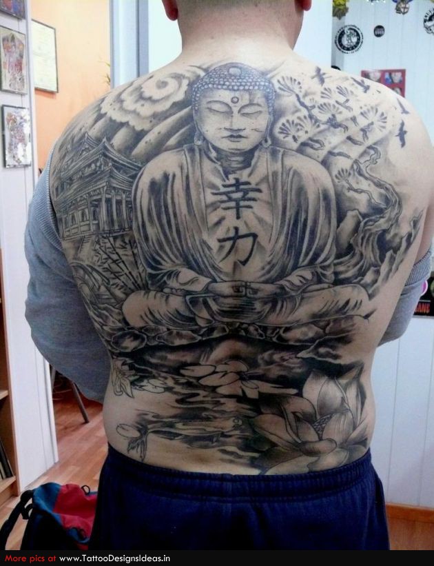 Black Buddha Tattoo On Man Full Back