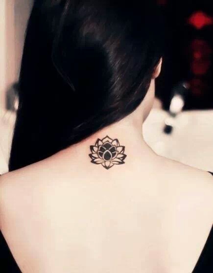 Black Buddhist Lotus Symbol Tattoo On Girl Back Neck