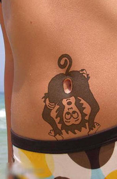Black Funny Monkey Tattoo On Belly Button