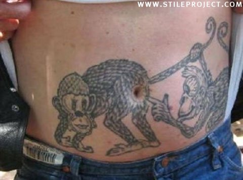 Black Funny Two Monkey Tattoo On Belly Button