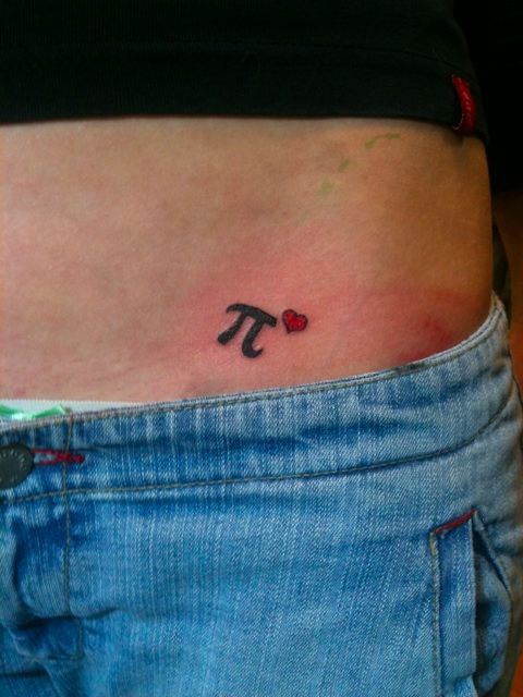 Black Little Pi With Red Heart Tattoo On Hip