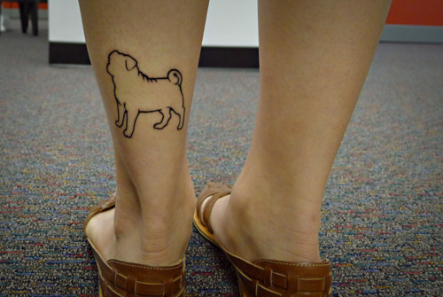 Black Outline Pug Dog Tattoo On Leg Calf