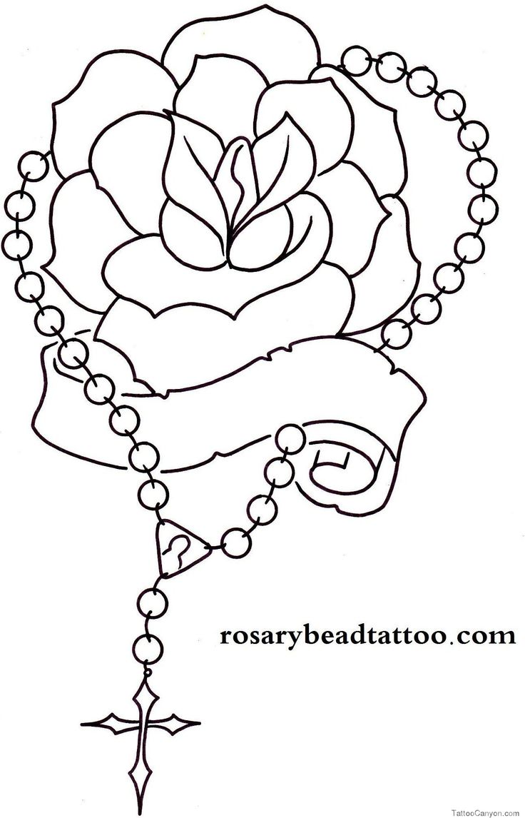 Black Outline Rose With Rosary Cross Tattoo Stencil