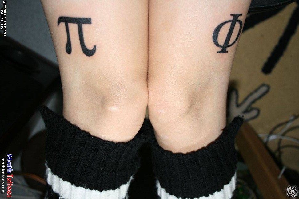 Black Pi And Phi Tattoo On Girl Both Thigh