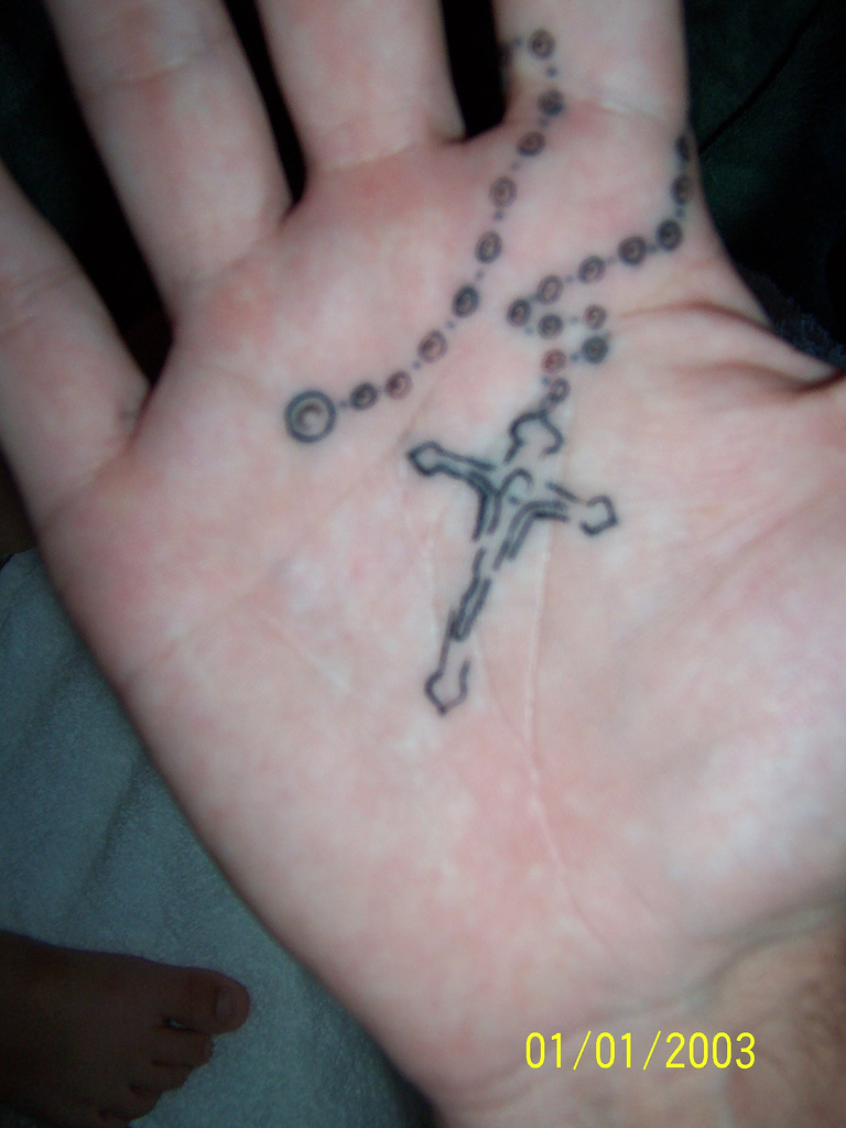 Black Rosary Cross Tattoo On Hand Palm