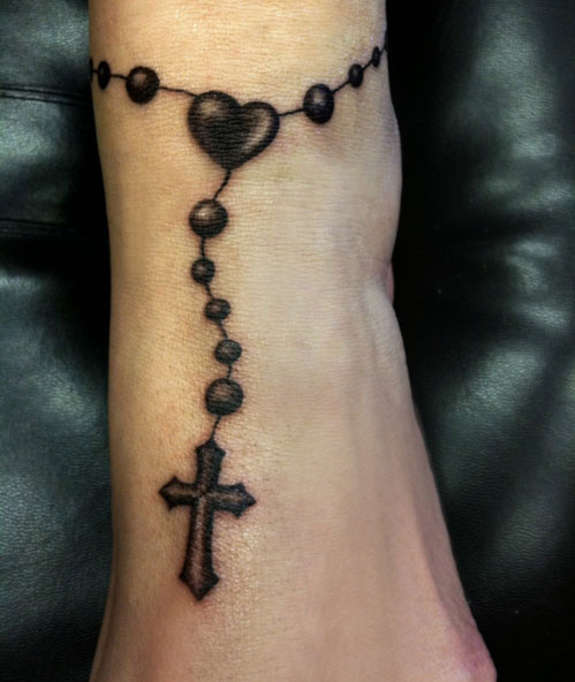 Black Rosary Cross Tattoo On Leg