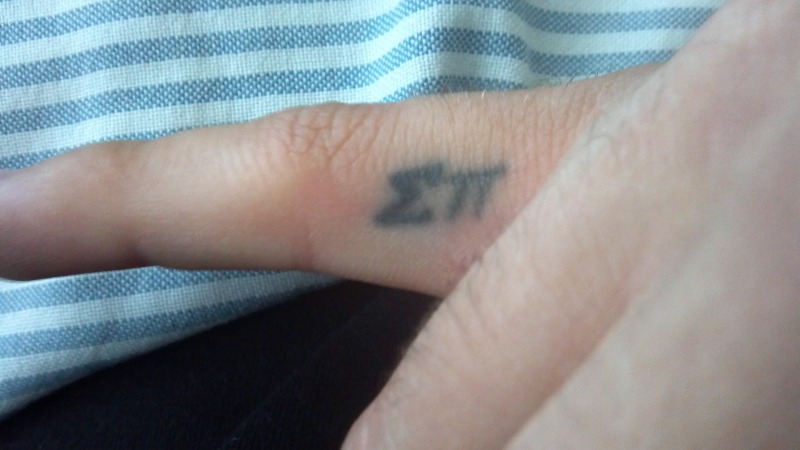 Black Sigma With Pi Tattoo On Finger