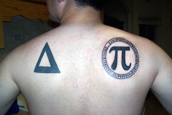 Black Triangle And Pi Tattoo On Man Upper Back