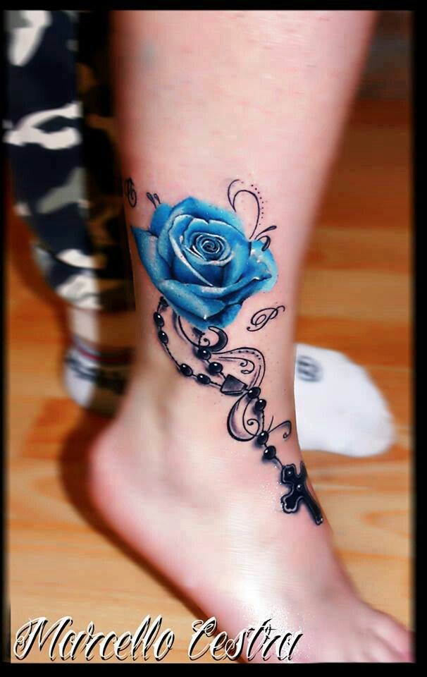 Blue Rose With Black Rosary Cross Tattoo On Leg By Marcello Cestra