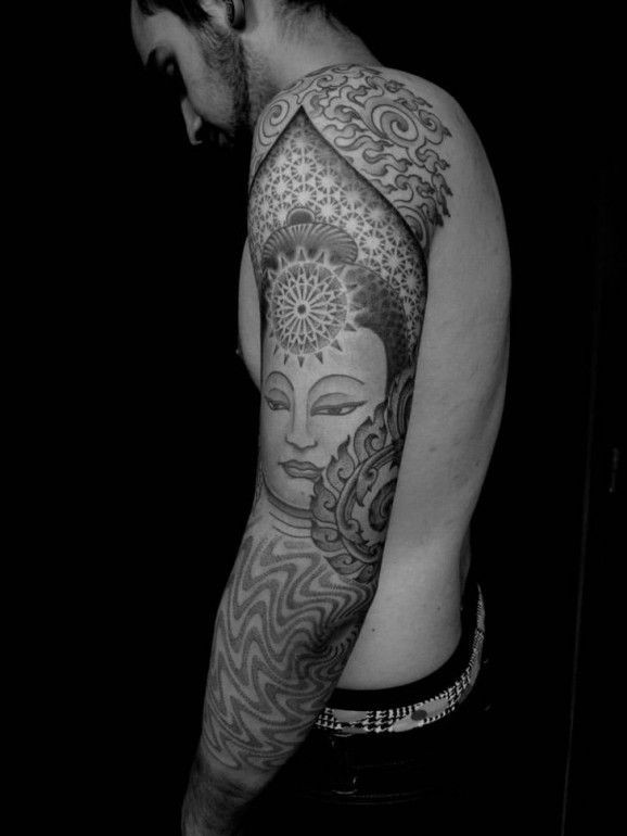 Buddhist Face Tattoo On Man Left Full Sleeve By Jondix Holytrauma