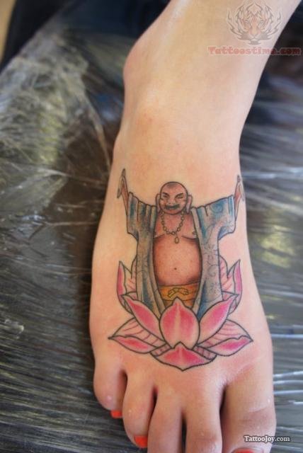 Colorful Buddha On Lotus Tattoo On Girl Foot