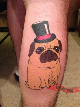 Colorful Cute Cartoon Pug Dog Tattoo On Leg Calf