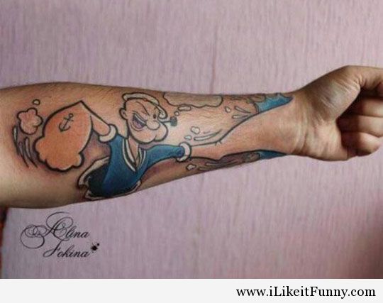 Colorful Funny Popeye Tattoo On Forearm