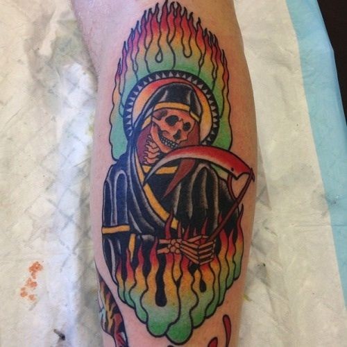 Colorful Grim Reaper Tattoo On Leg Calf