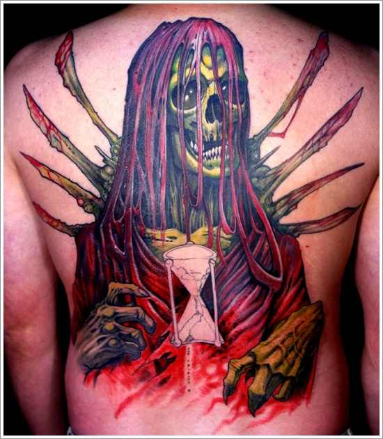 Colorful Grim Reaper Tattoo On Man Full Back