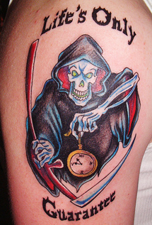Colorful Grim Reaper Tattoo On Shoulder