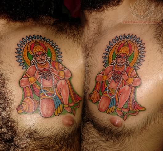 Colorful Lord Hanuman Hinduism Tattoo On Man Chest
