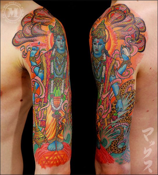 Colorful Lord Vishnu Hinduism Tattoo On Man Left Half Sleeve By McSim