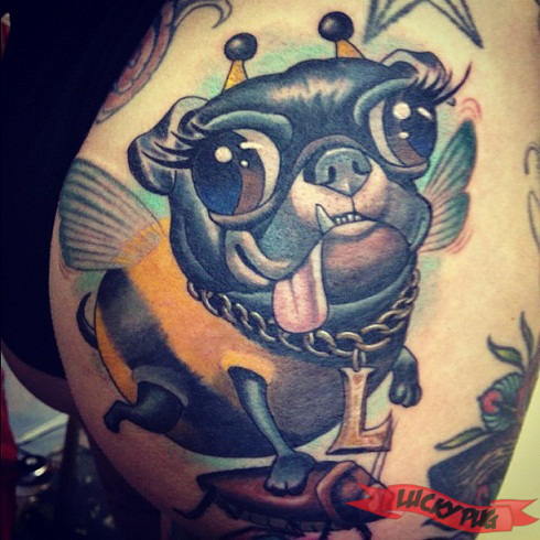 Colorful Pug Face In Bee Tattoo Design By Scott Olive