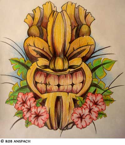 Colorful Tiki With Flowers Tattoo Design