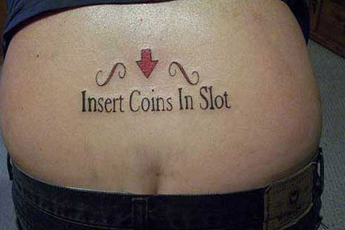 Funny Insert Coins In Slot Tattoo On Back