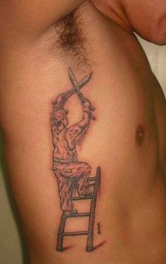 Funny Man Cutting Grass Tattoo On Man Upper Side Rib