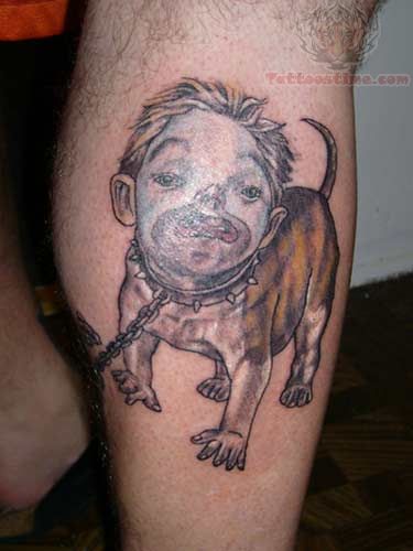 Funny Man Face Dog Tattoo On Leg Calf