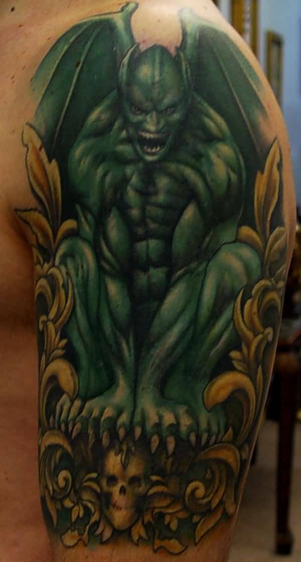 Green 3D Gargoyle Tattoo On Man Shoulder