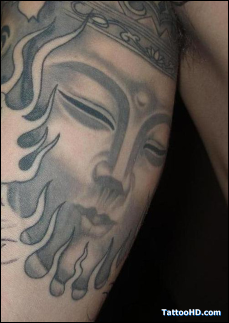Grey Buddha Face Tattoo Design For Bicep
