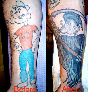 Grim Reaper Popeye Tattoo On Leg