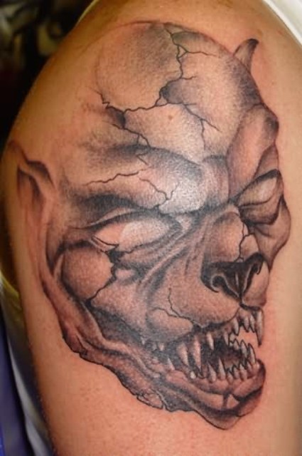 Horror Gargoyle Face Tattoo On Right Shoulder