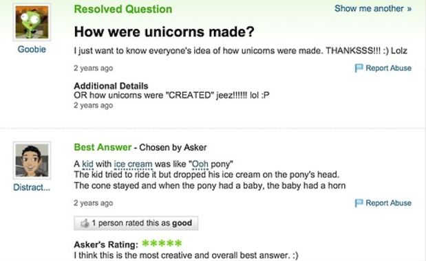 How Were Unicorns Made Funny Yahoo Question Answer