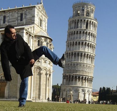 Man Kick Leaning Tower Funny Picture