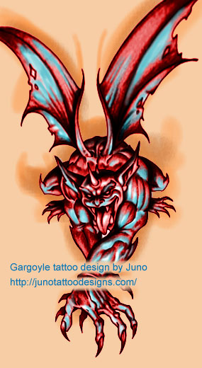 Red And Blue 3D Gargoyle Tattoo Design By Juno