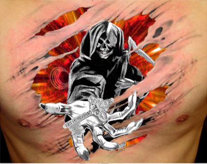 Ripped Skin Grim Reaper Tattoo On Man Chest