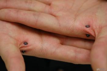 Small Barbell Hand Web Piercings
