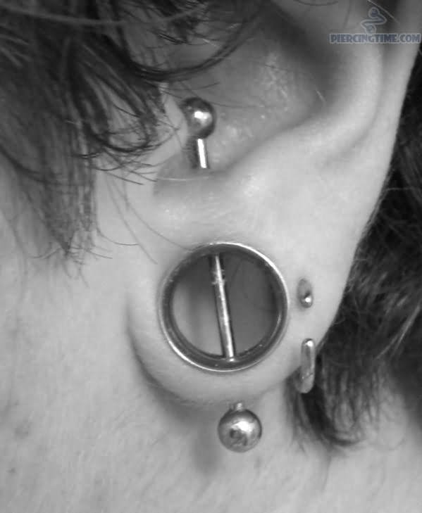 Stretched Lobe And Vertical Barbell Transverse Lobe Piercing