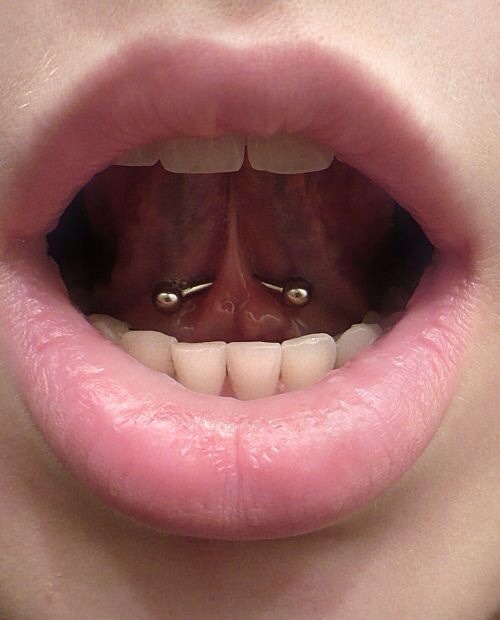 Tongue Web Piercing With Silver Curved