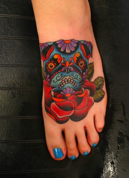 Unique Colorful Pug Face With Red Rose Tattoo On Girl Foot