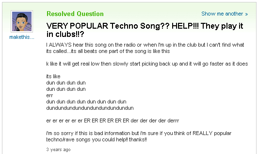 Very Popular Techno Song Funny Yahoo Question Answer