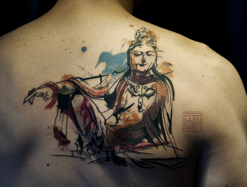 Watercolor Buddha Tattoo On Man Upper Back