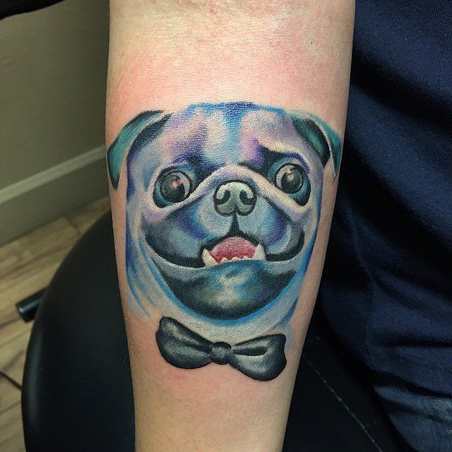 Watercolor Pug Face With Bow Tattoo Design For Forearm