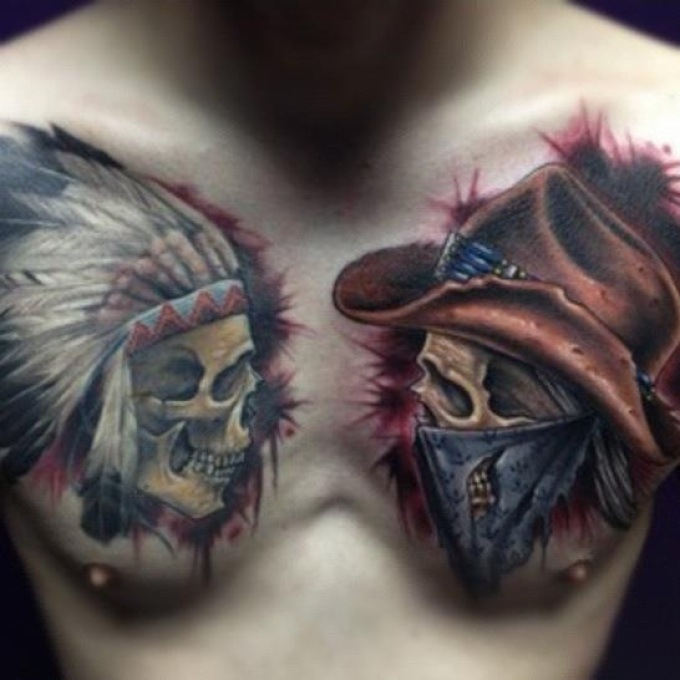 3D Colorful Two Indian Native Skull Tattoo On Man Chest
