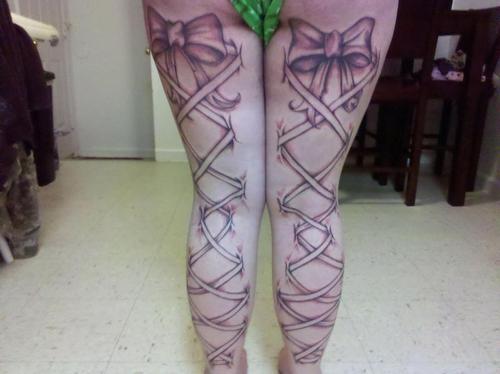 3D Corset Bow Tattoo On Girl Both Full Leg